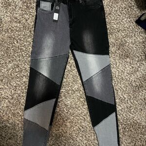 Fashion Nova Black and Gray Patchwork Skinny Jeans